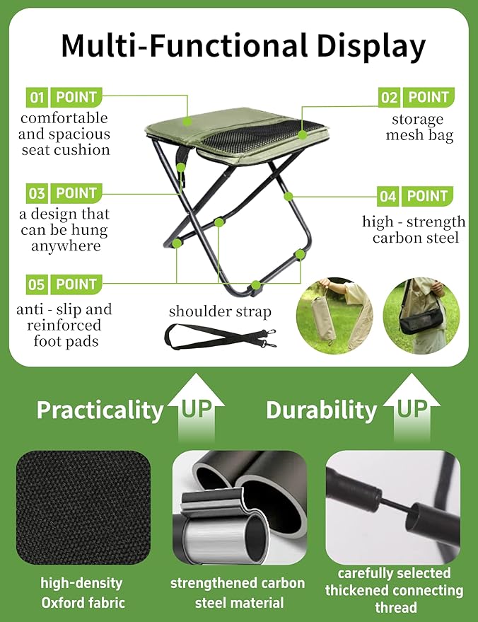 COMELY Portable Folding Chair for Outdoors: Heavy Duty Camping Stool for Adults, Compact Ultralight Collapsible Stools for Fishing Hiking Hunting & Backpacking, Khaki