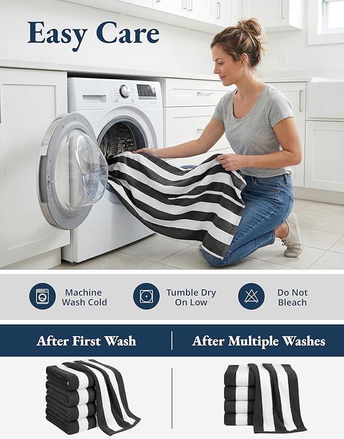 LANE LINEN Beach Towels 4 Pack - 520 GSM, (30" x 60") 100% Cotton Pool Towel for Adults - Thick & Highly Absorbent Extra Large Beach Towel - Super Soft & Quick Dry Cabana Stripe Pool Towel Set - Grey