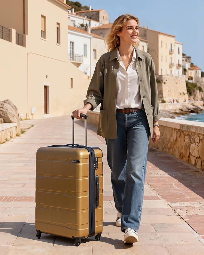 Coolife Expandable Large Checked Luggage Hardside PC+ABS Suitcase with TSA Lock, Lightweight Rolling Carry On with Spinner Wheels(Black Brown, 28in)
