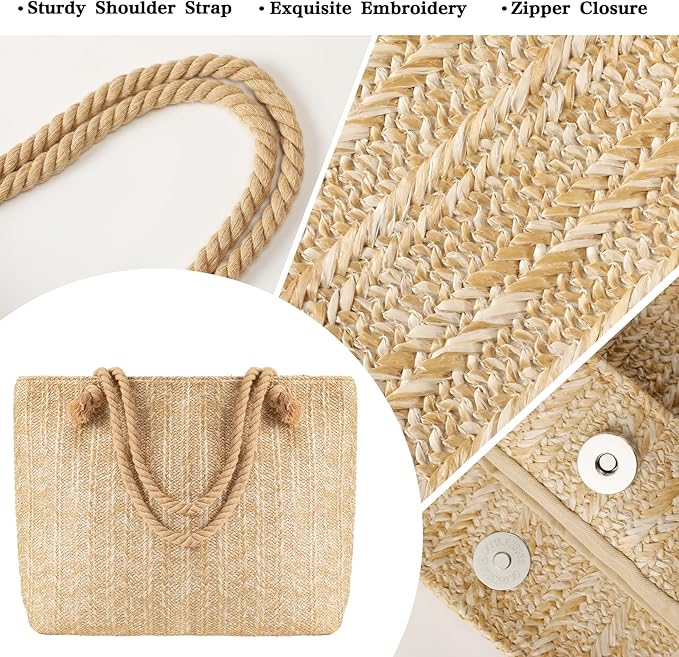 Tavaleu Straw Beach Bags for Women, Large Beach Bag Summer Woven Tote Bag Travel Shoulder Handbags for Holiday