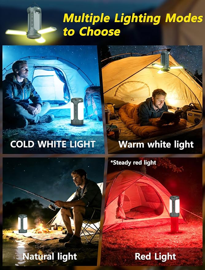 3 in 1 Foldable Camping Light Rechargeable Lantern, 10000mAh, Portable Flashlight, IP54 Waterproof, 1/4" Screw Adapter, 750LM, 5 Modes, LED Tent Light for Camping, Hiking, Fishing, Power Outage