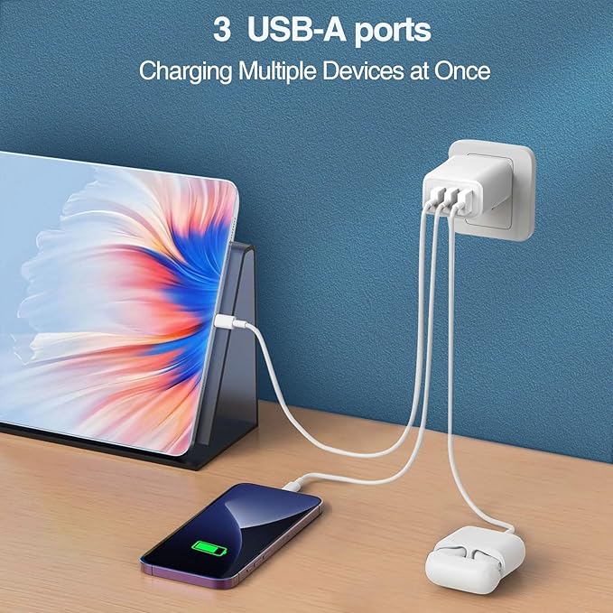 3 USB A Ports Charger Block，YTFCYIKBG Cell Phone wall Chargers，USB Cube wall Plug，for iPhone 14/13/12/11/X/XR/X/8/7/6, Galaxy, Android Phones and More （White）