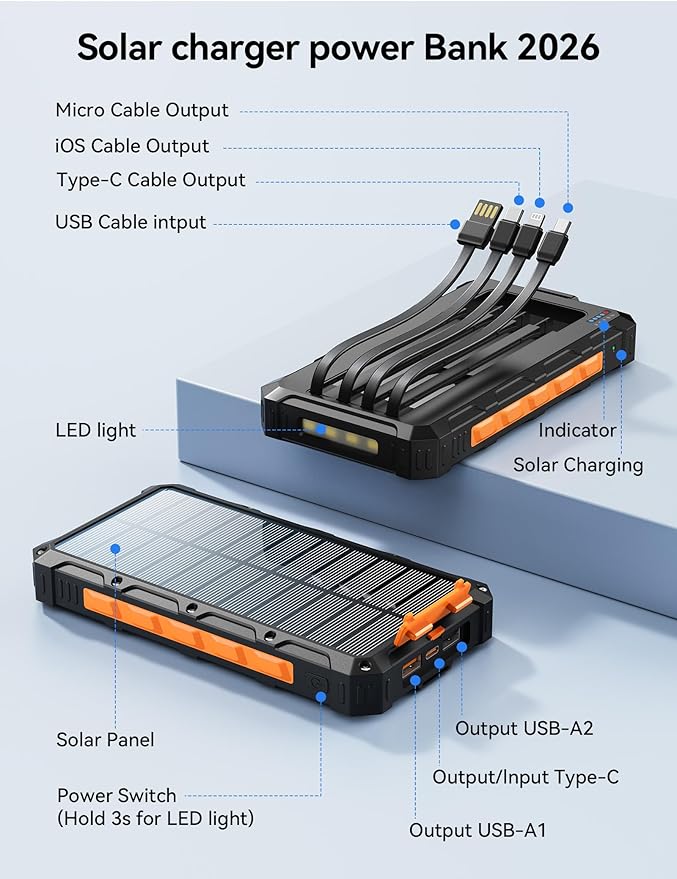 Solar-Charger-Power-Bank - 20000mah Solar Powered Battery Charger Cell Phone,20W Fast Charging Built in Cables,Camping Essentials Portable External Battery Pack Compatible with Multiple Devices