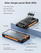 Solar-Charger-Power-Bank - 20000mah Solar Powered Battery Charger Cell Phone,20W Fast Charging Built in Cables,Camping Essentials Portable External Battery Pack Compatible with Multiple Devices