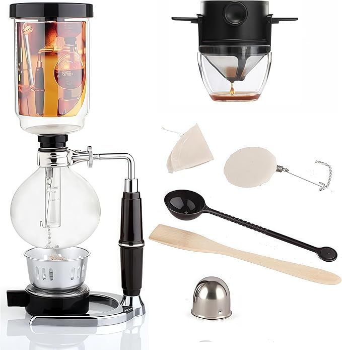 Siphon Coffee Maker Set, 5-Cup 600ml (20.3 oz) Borosilicate Glass Vacuum Brewer with Foldable Stainless Steel Coffee Filter, Dual Filtration for Home, Office & Camping（Filter Plus Version）