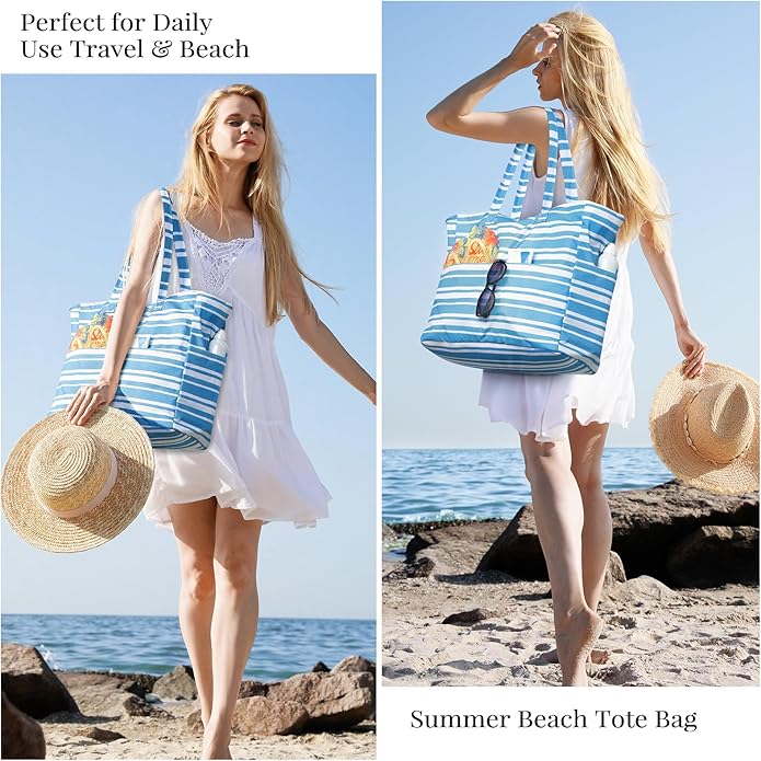 Trifabricy Beach Bags for Women Waterproof Sandproof Women Tote Bag, Large Beach Bag with Zipper for Gym Travel Vocation