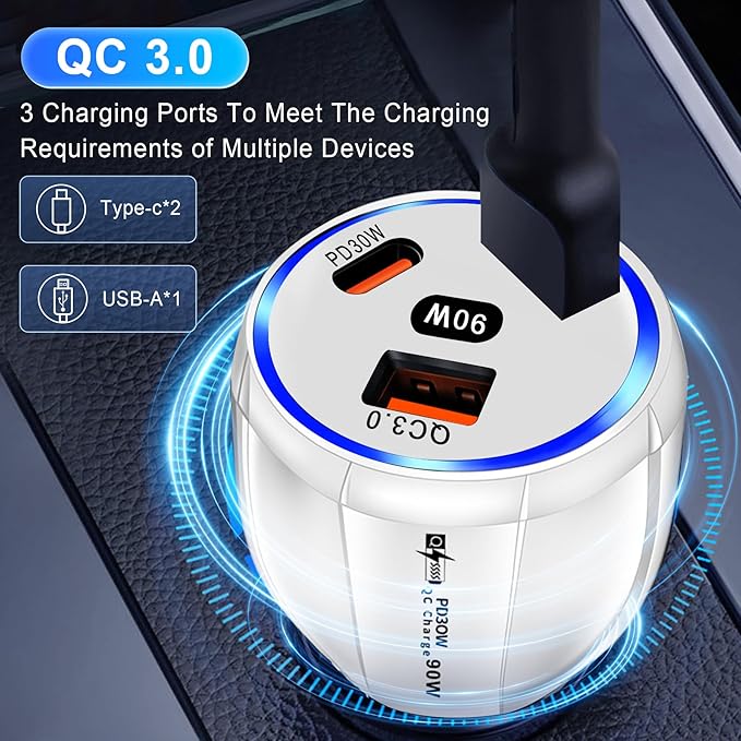 Amiss Car Charger Adapter, 3 Port USB-C & USB-A 90W Fast Charger, Car Interior Accessories, Essential Travel Gifts for Men and Women, Fit for iPhone 17/16/15/14/13Pro Max, Samsung, Android (White 2pc)