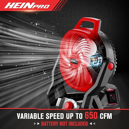 HEINPRO Battery Powered Fan Compatible with Milwaukee M18 18V Battery with AC Adapter (No Battery) Up to 650CFM, Variable Speed, Low Noise 30dB, Portable Cordless Fan for Camping, Jobsite