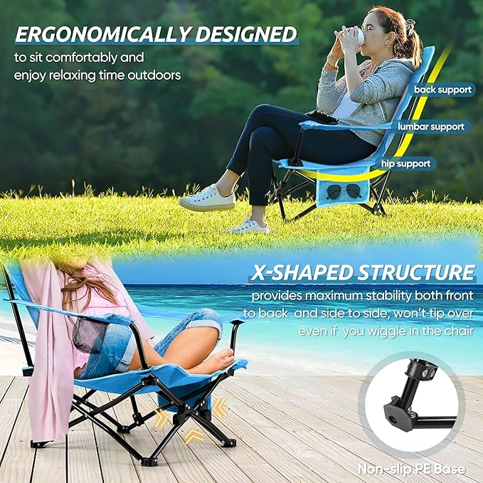 HaSteeL Folding Beach Chair Set of 3, Foldable Blue Camping Chairs & Grey Table for Outside, Low Beach Chair Portable for Adults Fishing, Picnic, Outdoor BBQ, Travel, Sports, Cup Holder & Storage Bag
