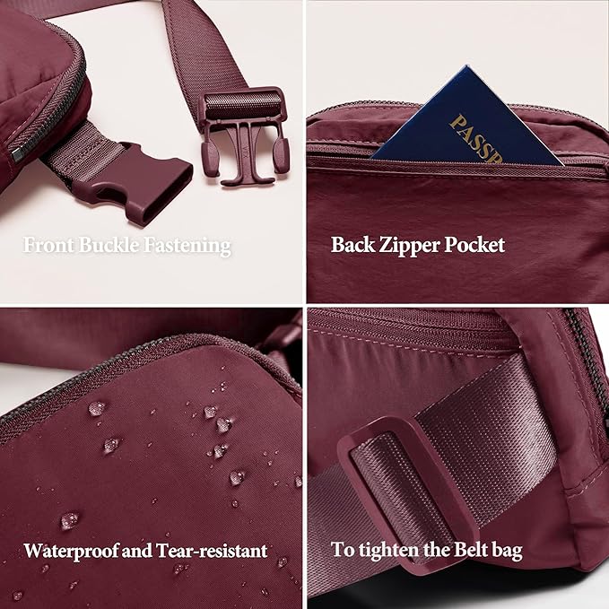 YOSHUYUKI Waist Belt Bag for Women Lulu Dupes Mini Small Crossbody Purse Sling Bag Cute Fashion Waterproof Fanny Pack Over The Shoulder Bags Fashionable Travel Running Belt Pouch Bum Bag Red Merlot