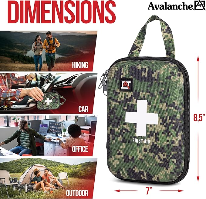 Avalanche 53 Pieces First Aid Kit, Compact Emergency Supplies Kit for Home, School, Car, Travel, Sports or Camping in Hard Shell Foam Case, Portable Mini First Aid Kit, Camo