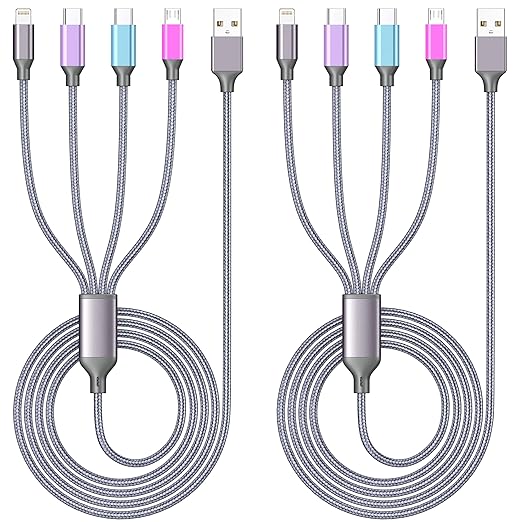 Multi Charging Cable 4ft 2Pack 4 in 1 Charger Cord,Doub Tyep-C Multiple Rapid Nylon Braided Cable USB Charging Cable Multi Phone Charger Cord with Type C Micro Lightning USB Connectors for Cell Phones
