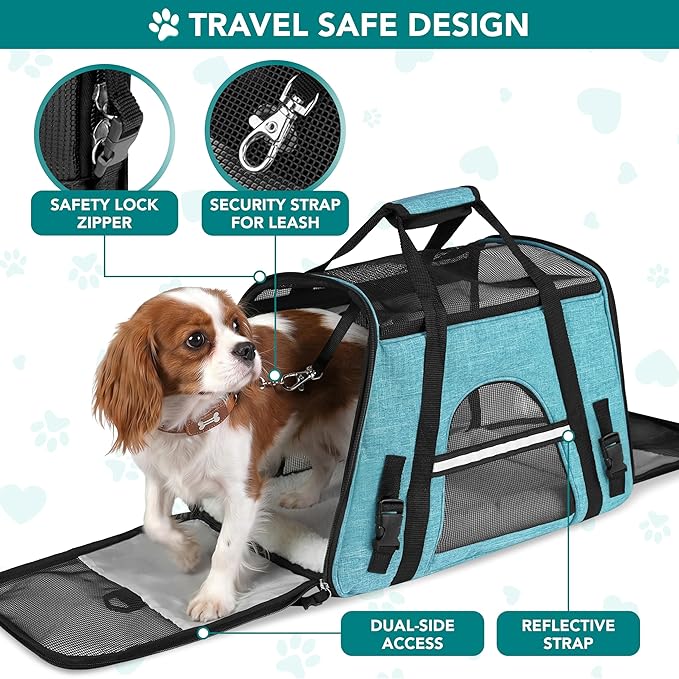 PetAmi Airline Approved Pet Carrier for Cats & Small Dogs, Soft Sided TSA Travel Carrier Bag Sherpa Bed, Breathable Mesh Ventilation, Collapsible Bowl, Fit Under Seat, Up to 18 lbs, Small Heather Blue