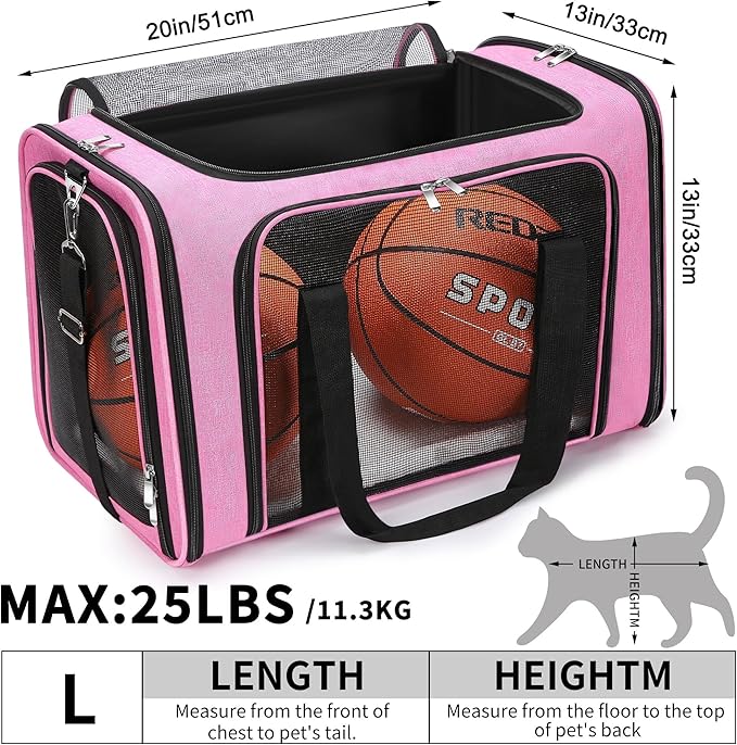 Soft-Sided Cat/Dog/Pet Carrier, Collapsible Pets Travel Carriers for Big Cats/Small Dogs with Shoulder Strap & Removable Mat, Mesh Puppy Carry Bag, Up to 25 Lbs (Pink)