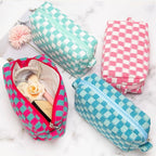 PAZIMIIK Checkered Makeup Bag for Purse Portable Zipper Make Up Pouch Small Cosmetic Case for Travel Accessories (2PCS Magenta Green)