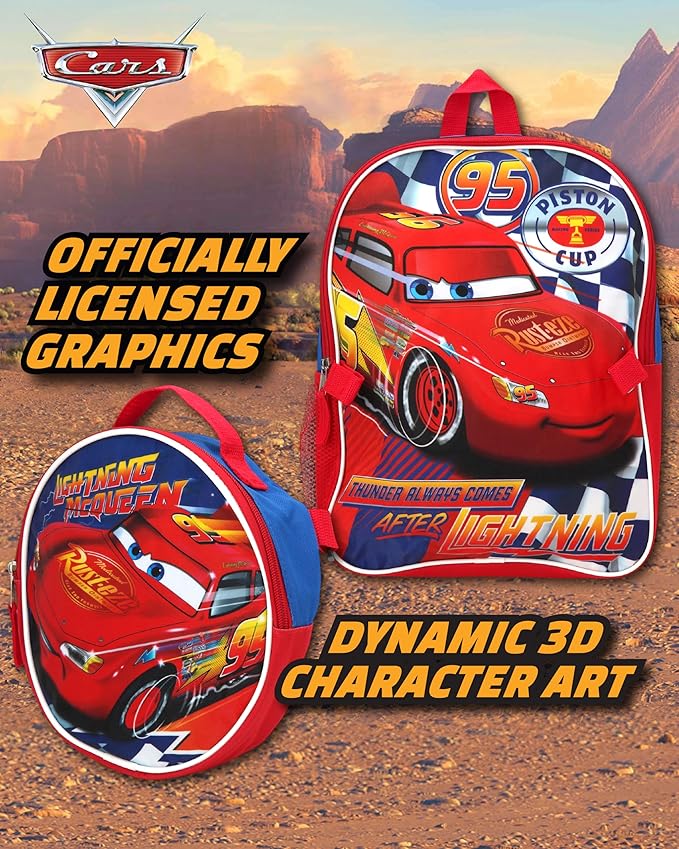 Fast Forward Lightning McQueen Boys Backpack and Lunch Box Set - 2 Piece 15 Inch School Backpack With Detachable Lunch Bag, Lightning McQueen Blue/Red