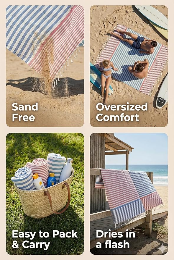 Cotton Turkish Beach Towel with Towels Oversized 36"x72" Pool Absorbent Extra Large Quick Dry Sand Travel Towel (Dobby Set, 4 Pack)