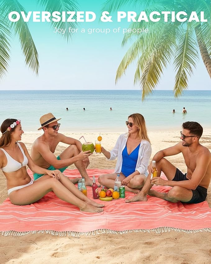 Giant Huge Thin Boho Throw Blanket Turkish Beach Blanket Towel Jumbo Extra Large Xl XXl Big Oversized Outdoor Picnic Accessories Airplane Travel Essentials Camping Gears Must Haves Yard Yoga Mat Coral