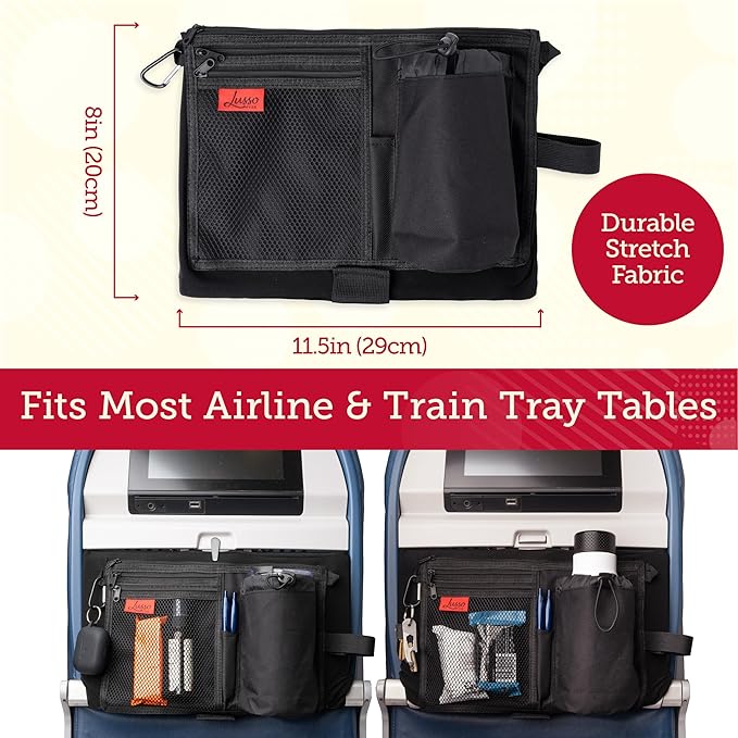 Lusso Gear Airplane Tray Table Cover with Pocket Storage - Sanitary Airplane Tray Cover - Seat Back Organizer for Personal Items - Airplane Travel Essentials for Long Haul Flights - Machine-Washable