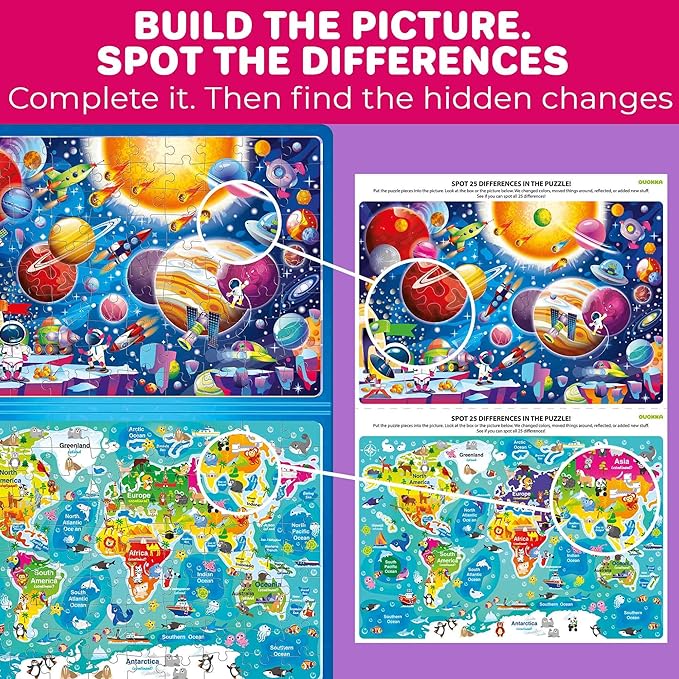 QUOKKA Magnetic Puzzles for Kids Ages 4-6 – 100 PCS Magnetic Puzzle Book for Toddlers 3-5 – 2 Puzzles & 2 Spot The Difference Maps – Search & Find Travel Games – Space, World Map Toddler Travel Toys