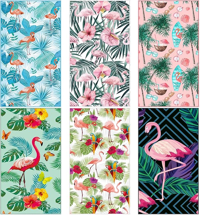 FuWeave 6 Pcs 72 x 36 Microfiber Oversized Beach Towels Large Absorbent Thin Compact Lightweight Sand Free Quick Dry Towels Pack for Travel Pool Yoga Gym Sports Beach Accessories(Flamingo)