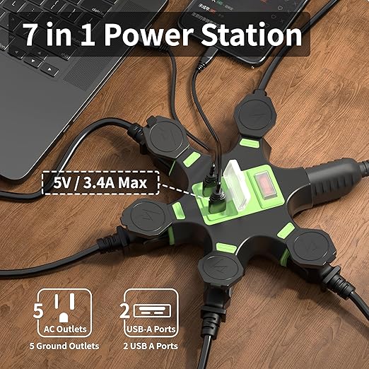 HiFind 2 Pack Outdoor 5-Outlet Extender Splitter Power Hub Plug Multi Outlet Tap with 2 USB-A Ports & Safety Covers, Heavy Duty Power Adapter with Circuit Breaker Indicator for Holiday Lights-ETL