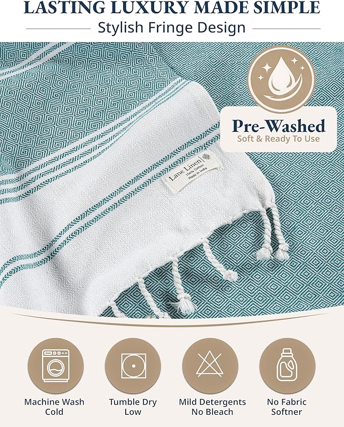 LANE LINEN Turkish Beach Towels, 2 Pack Extra Large Beach Towel, Pre-Washed for Soft Feel, Oversized Sand Free Quick-Dry Pool Towel, Beach Towels for Adults, 39"x71" - Baltic