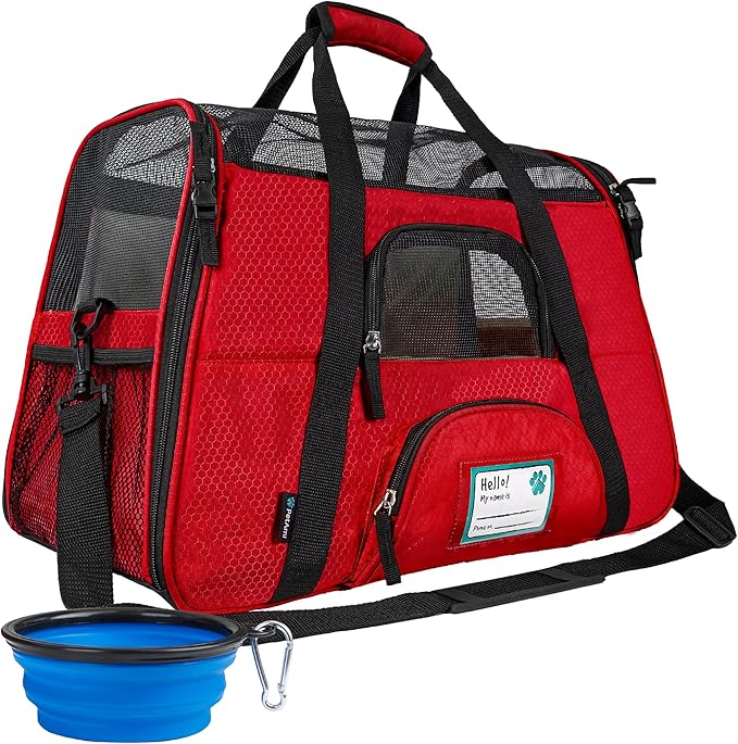PetAmi Airline Approved Pet Carrier for Cats & Small Dogs, Soft Sided TSA Travel Carrier Bag with Sherpa Bed, Breathable Mesh Ventilation, Collapsible Bowl, Fits Under Seat, Up to 18 lbs, Small Red