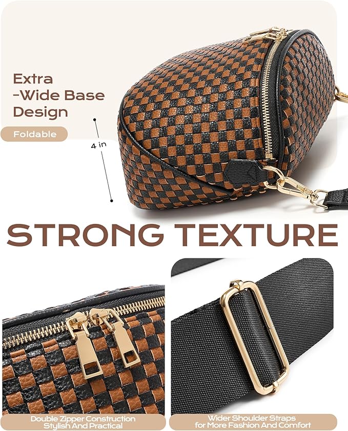 Trendy Woven Checkered Crossbody Bum Bag for Women，PU Leather Checkered Purse Fanny Packs Belt Bag (Woven Bum Bag - Black-Brown)
