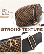 Trendy Woven Checkered Crossbody Bum Bag for Women，PU Leather Checkered Purse Fanny Packs Belt Bag (Woven Bum Bag - Black-Brown)