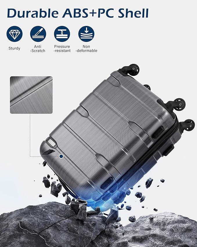 Coolife Carry On Luggage 22x14x9 Airline Approved Hardside PC+ABS Suitcase with TSA Lock, Lightweight Rolling Travel Luggage with Spinner Wheels(Charcoal, 20in)