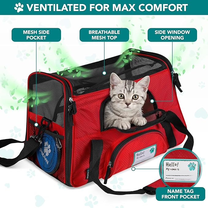 PetAmi Airline Approved Pet Carrier for Cats & Small Dogs, Soft Sided TSA Travel Carrier Bag with Sherpa Bed, Breathable Mesh Ventilation, Collapsible Bowl, Fits Under Seat, Up to 18 lbs, Small Red