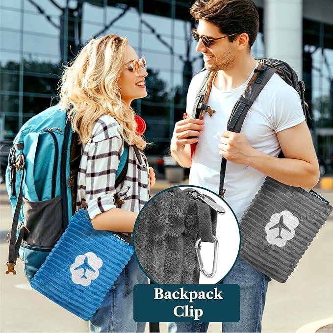 PAVILIA Travel Blanket Pillow, Airplane Blanket Set in Soft Bag with Pockets, Plane Blanket Compact Packable, Flight Essentials Car Pillow, Travelers Accessories Gifts, Luggage Strap, Gray