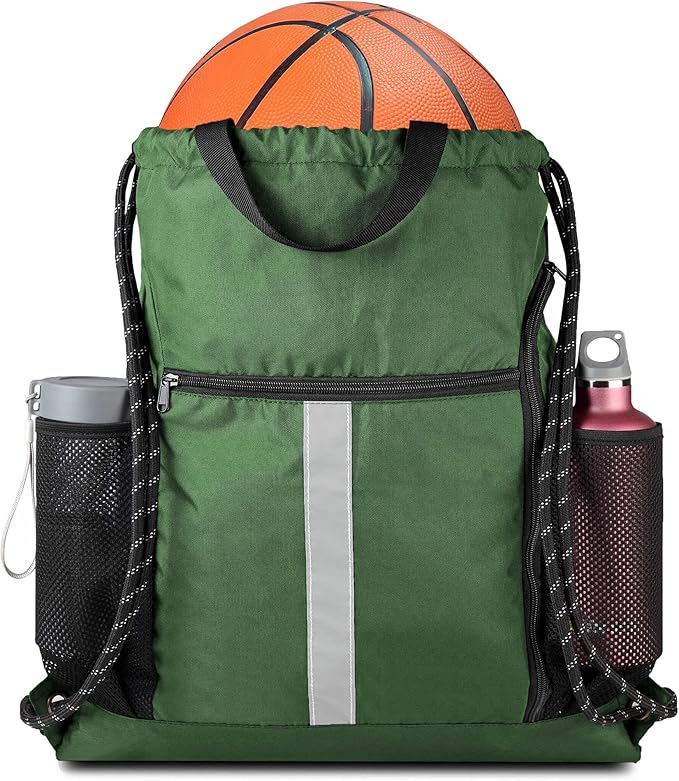 BeeGreen Green Drawstring Bag Gym Cinch Backpack w Shoe Compartment and Two Side Pockets Machine Washable Sports Sinch Sack String Sackpack for Swim Equipment Beach Travel