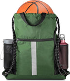 BeeGreen Green Drawstring Bag Gym Cinch Backpack w Shoe Compartment and Two Side Pockets Machine Washable Sports Sinch Sack String Sackpack for Swim Equipment Beach Travel