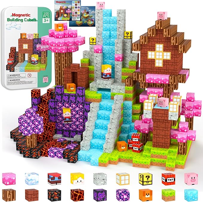 Magnetic Blocks Travel Magnetic Building Blocks Cubes - 100 PCS Tin Box Magnet Toys Set STEM Educational Stacking for Kids Ages 3 4 5 6 7 8 9 10 11 12 Year Old Boys Girls Birthday Christmas