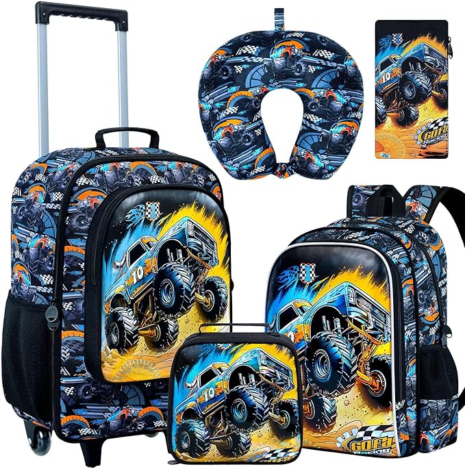 5Pcs Kids Suitcase for Boys, 18" Truck Toddler Carry on Luggage with Wheels, Cool Travel Rolling Set(Black)