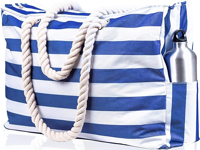 Beach Bag and Pool Bag Has Cooler Pocket, 7 Pockets Total, Zip Top. Family Size Waterproof Beach Tote