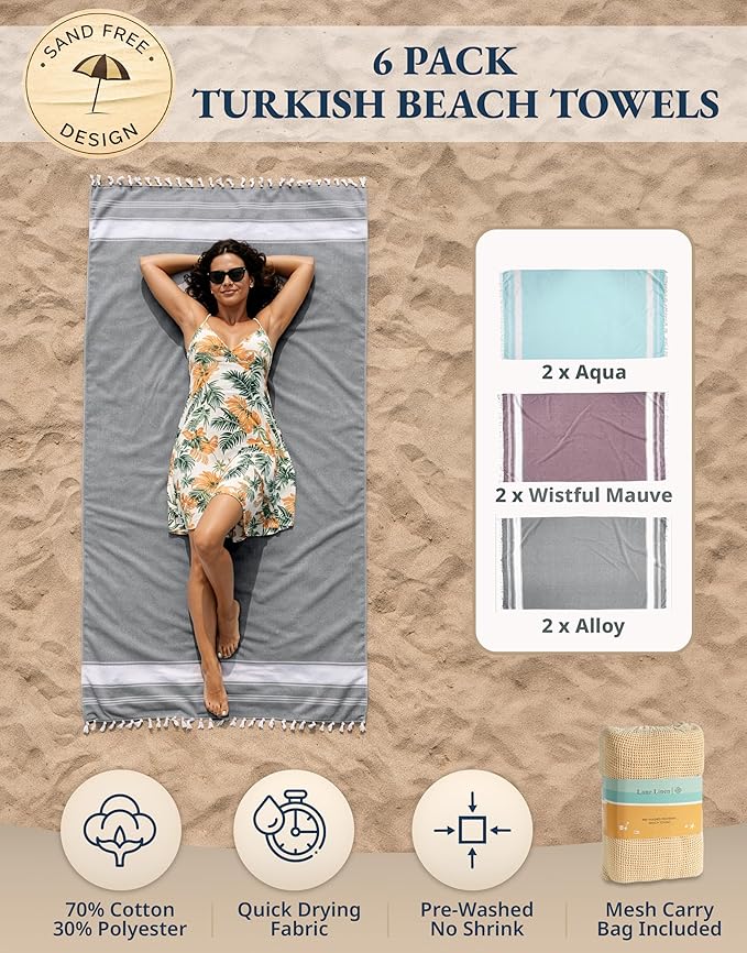 LANE LINEN Pool Towels, Turkish Beach Towels Oversized Set of 6, Pre-Washed, No Shrink, Quick Dry Travel Towel, Beach Towel for Women, Absorbent & Sand Free Towel, 39"x71" - Summer Color