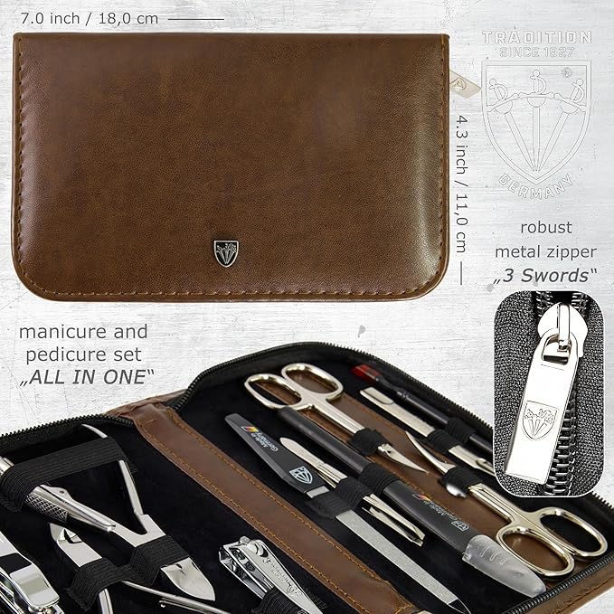 3 Swords Germany - brand quality 10 piece manicure pedicure grooming kit set for nail care scissors clipper brown synthetic leather case - Made by 3 Swords