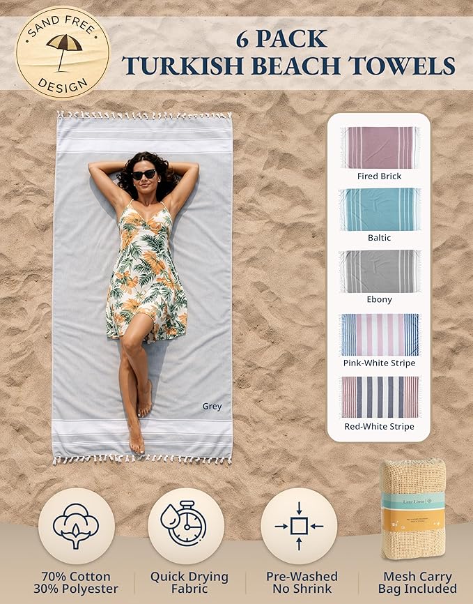 LANE LINEN Pool Towels, Turkish Beach Towels Oversized Set of 6, Pre-Washed,No Shrink, Quick Dry Travel Towel,Stylish Beach Towel for Women, Absorbent & Sand Free Towel, 39"x71"