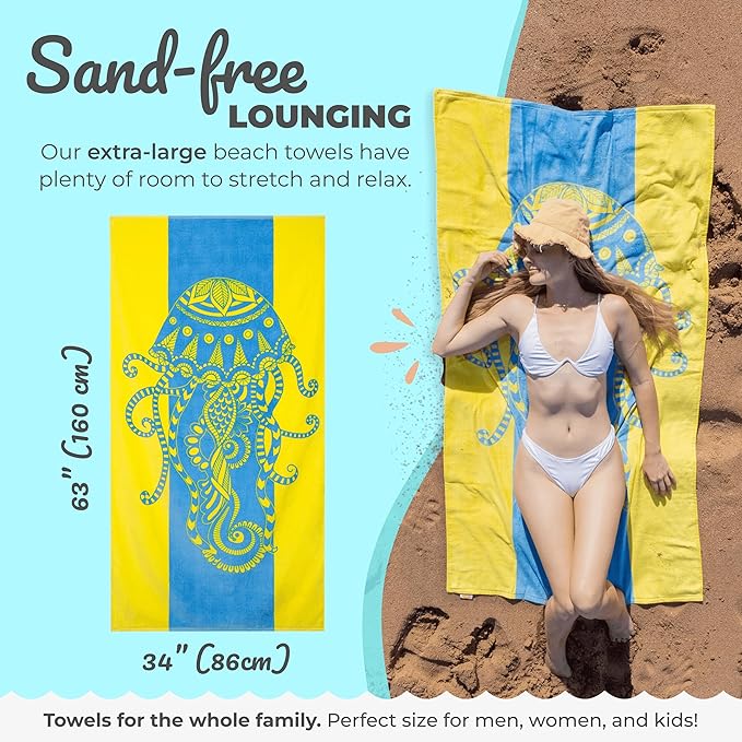Nova Blue Jellyfish Beach Towel – Tropical Blue & Yellow Colors with A Unique Design, Extra Large, XL (34”x 63”) Made from 100% Cotton