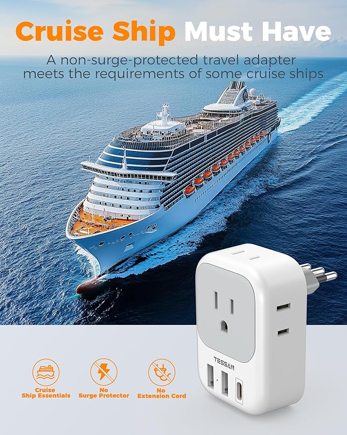 Italy Travel Plug Adapter 2 Pack, TESSAN Italy Power Adaptor with 4 Outlets 3 USB Charger(1 USB C PD 20W), Type L Adapter for US to Chile Libya Syria Tunisia Uruguay