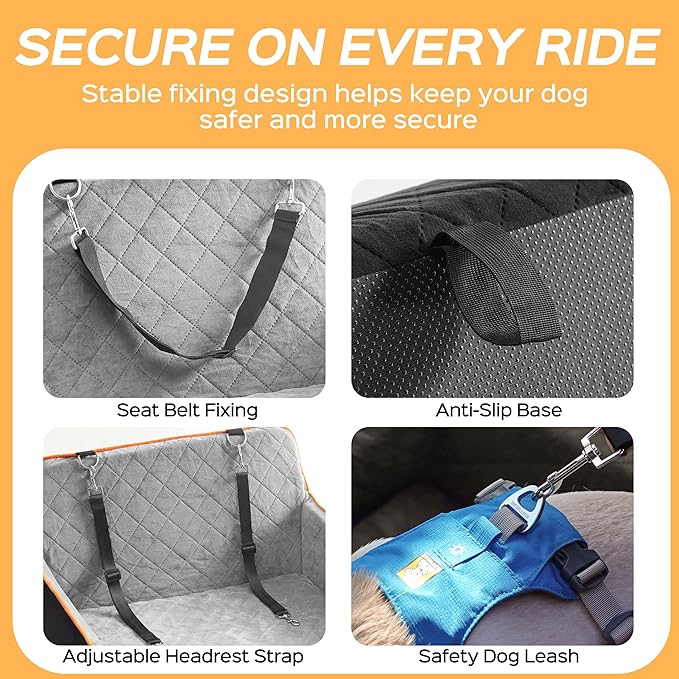 HiPetpy Dog Car Seat Elevated Memory Foam Booster Seat for Large Medium Dogs Under 55 lbs with Pet Blanket, Washable Pet Car Seat with Safety Leash, Anti-Slip Base and Storage Pockets