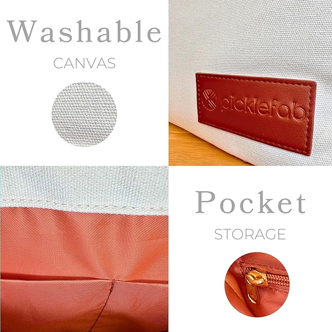 Designer Pickleball Bags for Women | Canvas & Vegan Leather Pickle Ball Tote Bag with Cover Pockets for 4 Paddles | 14"x12"x5.5" Small/Medium Tote Bag with Paddle Pocket & Fence Hook
