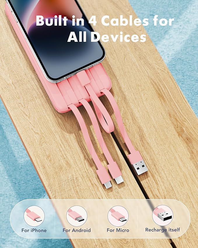 Charmast Portable Charger with Built in Cables, Power Bank with Cords Wires, Slim 10000mAh Travel Battery Pack 6 Outputs 3 Inputs 3A Fast Charging for Samsung Google Pixel LG Moto iPhone iPad
