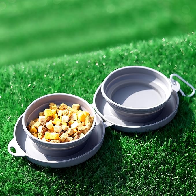 Collapsible Double Dog & Cat Bowl, 2-in-1 Silicone Food & Water Dish with Carabiner, Portable Travel Feeding Bowl for Camping, Hiking, Small & Medium Pets, Dark Grey