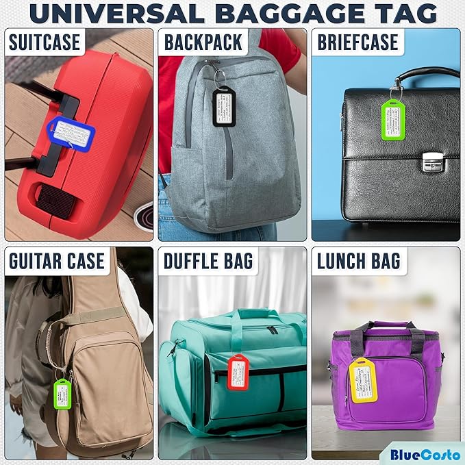 BlueCosto - Luggage Tags - Multicolored, 10 Pack - Suitcase Tags with Name ID Card & Heavy-Duty Metal Wire Loops - Bright Colored PVC Identifiers for Travel Baggage - Backpack Name Labels
