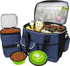 PetAmi Dog Travel Bag, Travel Pet Bag Organizer, Dog Food Travel Bag with Container Collapsible Bowls, Pet Travel Supplies Gift Accessories for Weekend Camping, Puppy Cat Diaper Bag, Navy Blue Large