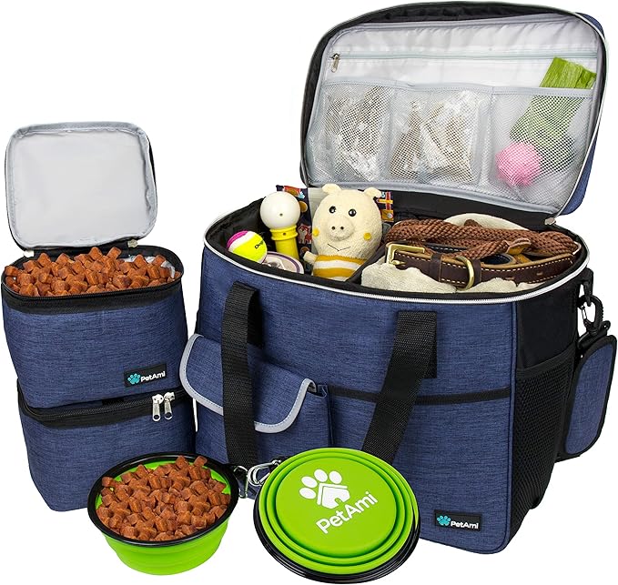 PetAmi Dog Travel Bag, Travel Pet Bag Organizer, Dog Food Travel Bag with Container Collapsible Bowls, Pet Travel Supplies Gift Accessories for Weekend Camping, Puppy Cat Diaper Bag, Navy Blue Large